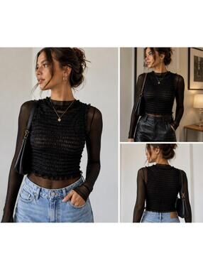 Zara Black Ruched‎ Sheer Long Sleeve Top